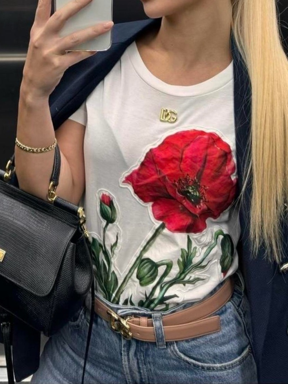 Dolce & Gabbana White Tee with Red Poppy Graphic